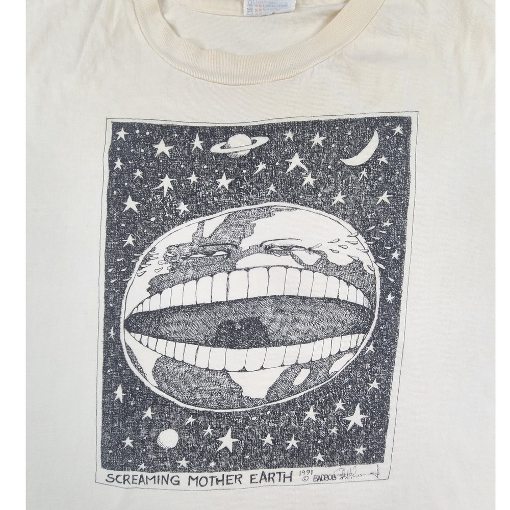 Vintage 1991 Screaming Mother Earth BadBob Hanes Beefy-T Shirt Mens XL Beige